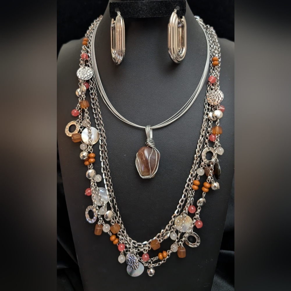 #128. Vintage Chico's Venus Jasper Wire Wrapped Stone Necklace & Silver Earrings